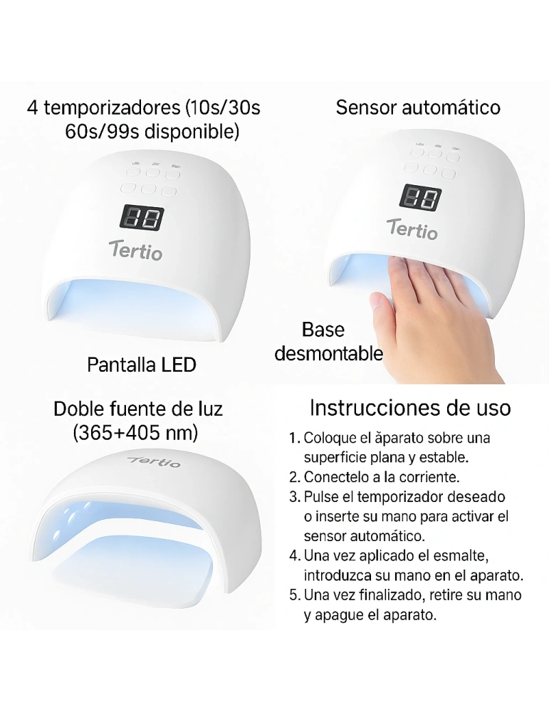 Lámpara UV/LED para Uñas T-A10 – 48W, 4 Temporizadores (10s/30s/60s/99s), Sensor Automático, Pantalla LED, Base Desmontable