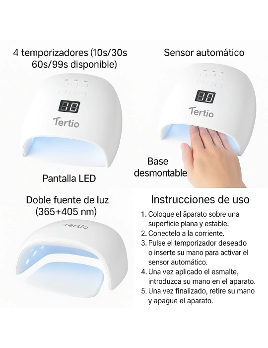Lámpara UV/LED para Uñas T-A10 – 48W, 4 Temporizadores (10s/30s/60s/99s), Sensor Automático, Pantalla LED, Base Desmontable