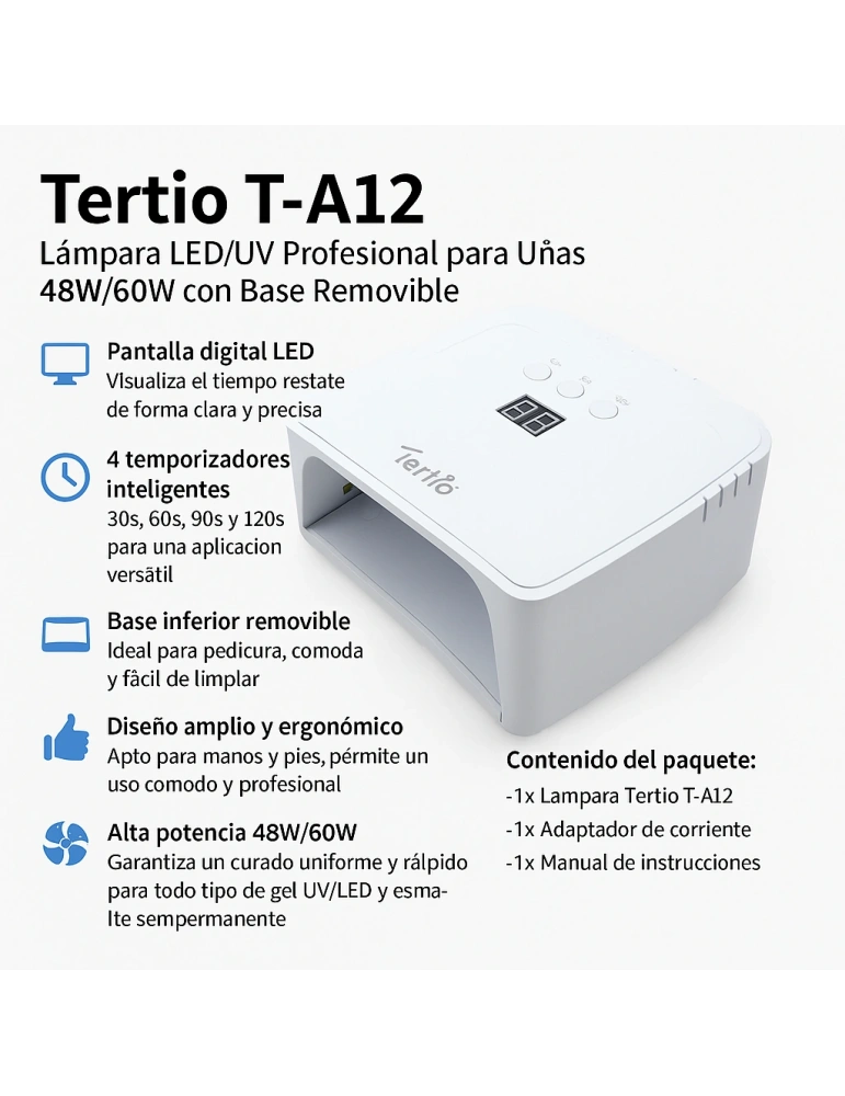 Lámpara LED/UV para Uñas 48W/60W T-A12 –Pantalla Digital, Temporizador 30s/60s/90s/120s, Para Gel UV y Esmalte Semipermanente