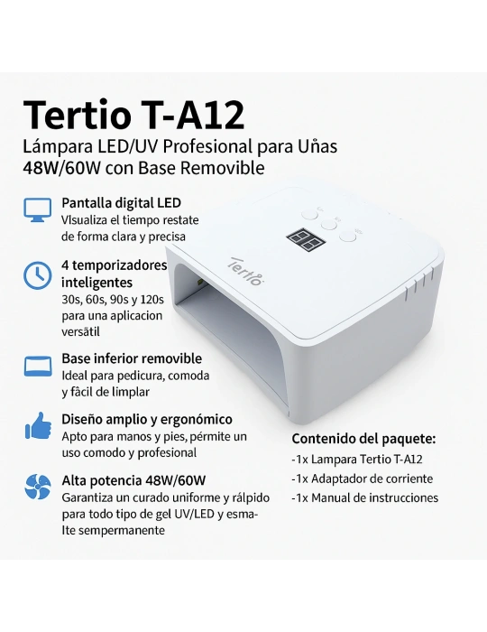 Lámpara LED/UV para Uñas 48W/60W T-A12 –Pantalla Digital, Temporizador 30s/60s/90s/120s, Para Gel UV y Esmalte Semipermanente