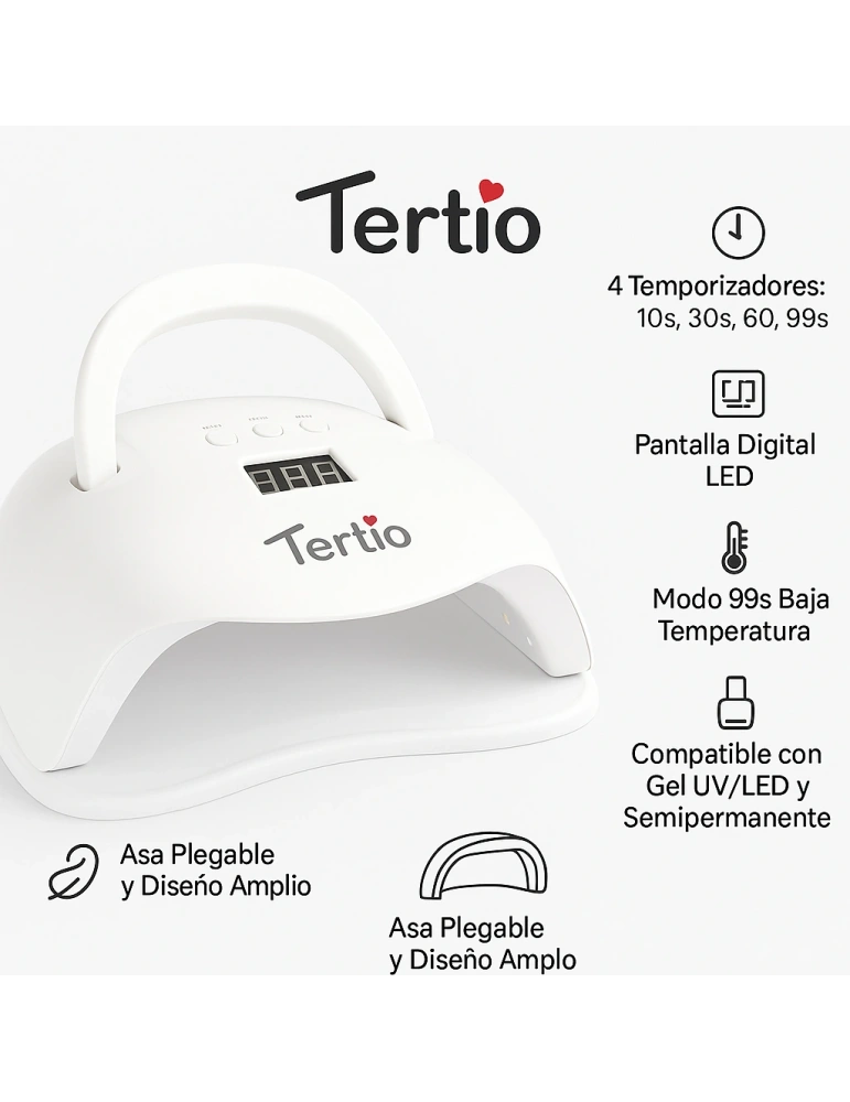 Lámpara LED/UV para Uñas 96W T-A8 – Pantalla Digital , Temporizador 10s/30s/60s/99s, Asa Plegable, para Gel UV y Semipermanente