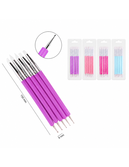 Set de 5 Herramientas para Nail Art con Punta Doble Color aleatorio – Pinceles de Silicona y Punzón para Decoración de Uñas